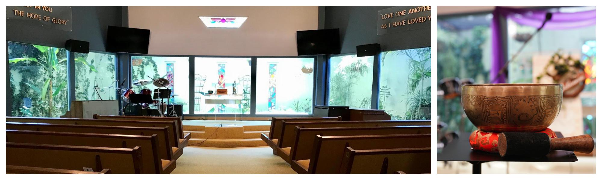 On the left, our sanctuary, an intimate space framed by glass windows revealing an atrium filled with greenery. On the right, a close up image of a brass singing bowl, which we use to start each service.