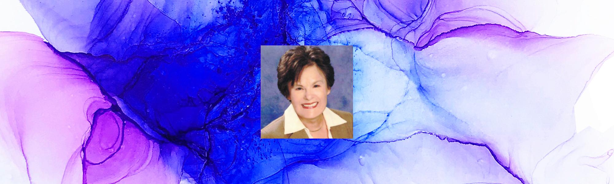 image shows a headshot of Rev. Marilyn Roth over an abstract painting.